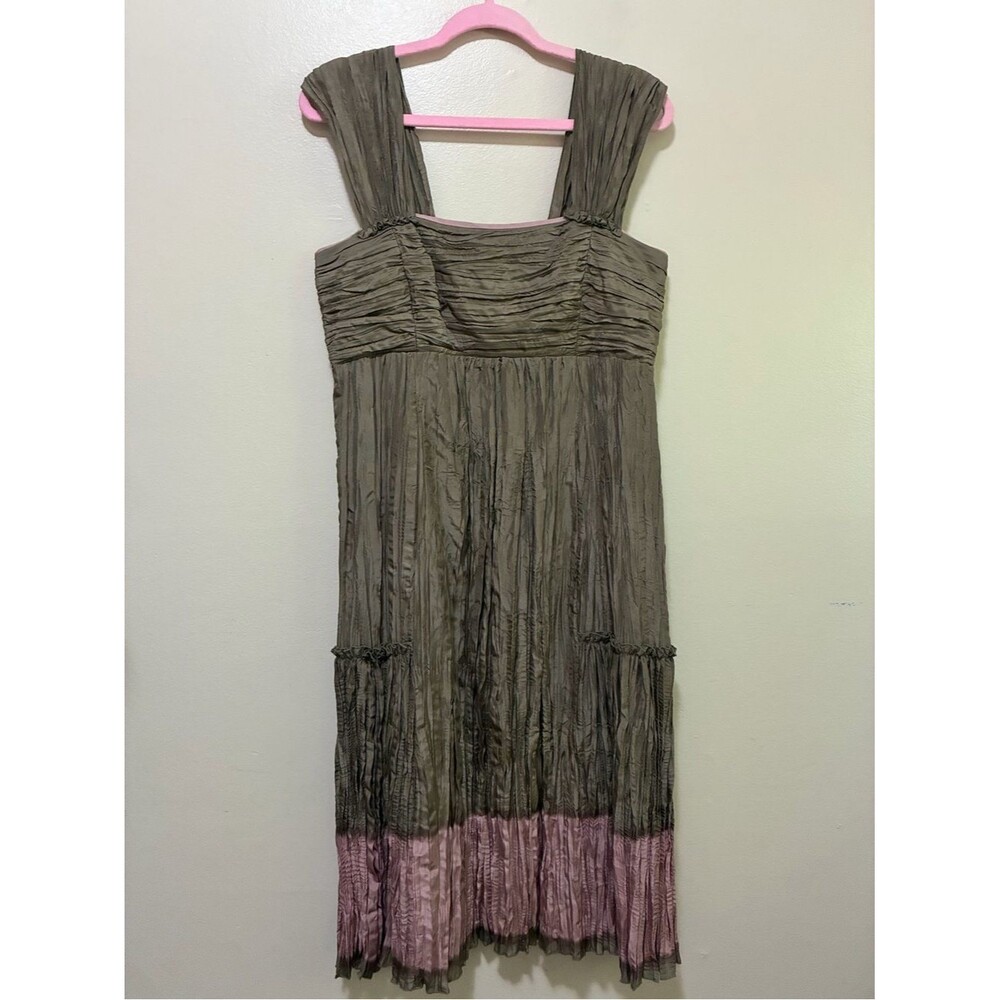 Peruvian Connection Silk Olive Green Crinkle Midi Dress with Pink Hem size 10